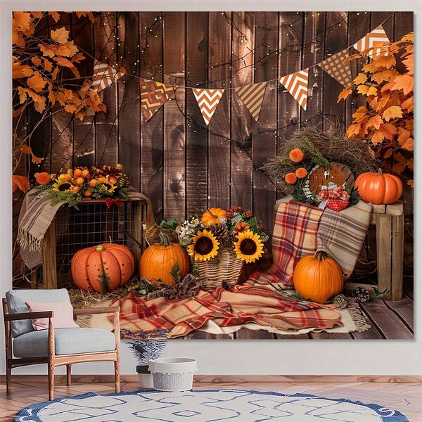Fotohintergrund Tuch für Thanksgiving und Herbsternte - Multifunktionales Party Dekorationsbanner mit ländlichem Holzboden, Kürbis, Ahornblatt und Sonnenblumenmuster