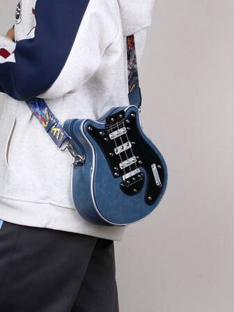 2025 新款个性化创意 Y2K Baddie 复古美式迷你吉他包、贝斯吉他不对称包、单肩包、斜挎包、链条铆钉装饰撞色宽肩带男女通用包（小号）