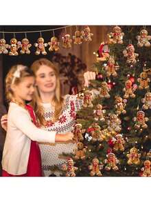 12pcs Christmas Gingerbread Man Ornaments, Wooden Christmas Tree Hanging Decorations, Cute Bow Gingerbread Man & Snowflake Gingerbread Ornaments, Christmas Party Fireplace Window Decor, Classic Belief Decorations Suitable For Christmas And Winter