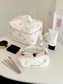 L/M/S Rosa Schleifenmuster Make-up Tasche Set, Blumen Kosmetiktasche, ästhetische Kulturtasche, Reise-Organizer für Frauen und Mädchen, große bedruckte Vintage-Steppdecken-Make-up-Tasche für Frauen, Hautpflege-Organizer-Tasche mit Blumendruck, Make-up-Organizer-Aufbewahrungstasche, Herbst-Uni-Essentials, Reise-Essentials, Urlaubsreise-Tasche für Frauen