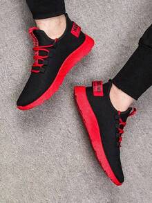 1 Pair Men's Sports Shoes, Breathable Casual Shoes, Competition Shoes, Fashionable Casual Running Shoes (Random/Asymmetrical Pattern On Shoe Upper/Heel/Side Strap) - Black and Red - View 4