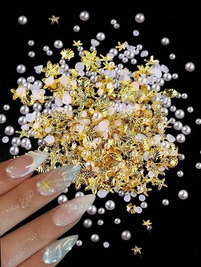 奢华美甲饰品 金色海星贝壳珍珠设计饰品 夏季日式美甲配件 美甲艺术装饰配件 美甲用品 指甲