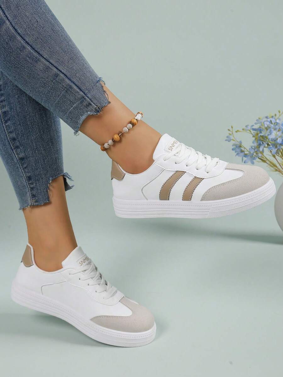 Women's Lace-Up Casual Sneakers - Breathable Synthetic Upper, Vibrant Khaki Accents, EVA/PVC Cushioned Outsole For All-Day Comfort - Suitable For Work, Everyday Wear And Leisure, Women's Athletic Shoes, Work Shoes, Slip-On Shoes, Modern Sneakers, Durable Traction, Comfortable Fit