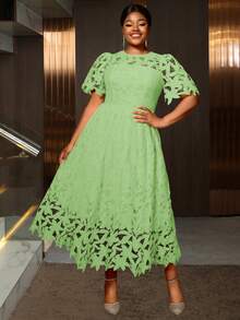 大码夏季女士镂空蕾丝花卉优雅A字长裙派对婚礼礼服 - 薄荷綠 - 查看 3