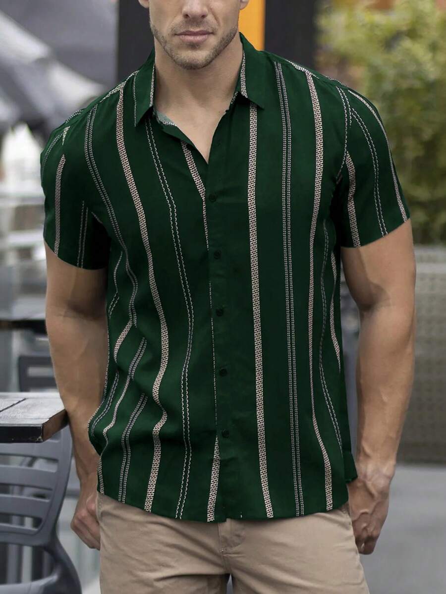 Men's Lightweight Geometric Striped Casual Business Polo Shirt, Summer