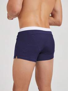 New Arrival Men's Front Pocket Zipper Swimming Trunks, Fashionable Swim Shorts For Beach & Spa Summer - Navy Blue - View 3