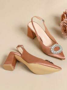Women's High Heel Rhinestone Buckle Fashionable Versatile Commuter Shoes, Toe-Covering Design - Dusty Pink - View 7