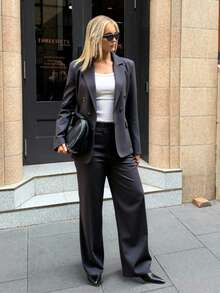 Zalla Blazer And Palazzo Pants Set With Lining And Decorative Button - Grey - View 4
