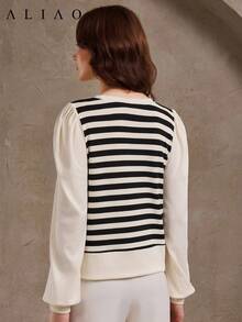 Aliao High-End Striped Fake Buttons Crewneck Pullover, Court Style, Halloween, Business Casual Woman, Valentine's Day, Elegant Ladies, Fall & Winter, Old Money Style - Multicolor - View 7