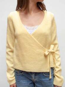 Women's Fall Knit Cardigan Sweaters Casual Loose Solid Color Long Sleeve V Neck Wrap Tie Front Lightweight Chunky Sweaters Tops Daily School Office Vacation - 黃色 - 查看 2