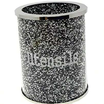 SEGOY Black Silver Sparkle Ornament Bling Crushed Diamond Utensil Jar, 16x13 Cm, Round