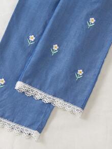 1pc Girls Casual Floral Pattern Ruffle Trim Denim Pants, Suitable For Spring/Autumn