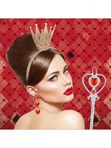8 件套万圣节女王角色扮演服装配饰套装，包括带心形水钻的金色皇冠头饰、红色心形宝石权杖和心形耳环，适合女士和女孩派对 - 彩色 - 查看 3
