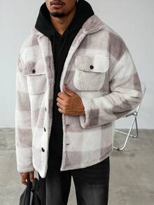Loose Pattern Lapel Sleeve Lightweight Jacket, Casual Outerwear, Colorful, Long Sleeve, Outdoor, Casual, Boyfriend Gift, Fleece, Men's Plaid Shacket, Black And White Jacket, Plaid Shacket, Fall Winter