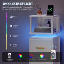 Mesita de Noche, Mesillas de Noche con Luces RGB y Estación de Carga, 2 Cajones, Mesa Auxiliar, con Estante Abierto para Dormitorio, Sala de Estar Moderno 30,2 x 24 x 67 cm Blanco