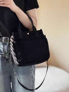 原创灯芯绒多口袋手提包/单肩包，简约多功能学生午餐包，大容量，拉链封口，休闲手提包，复古灯芯绒单肩包，大容量手提包，简约多功能学生背包，午餐包 - 彩色 - 查看 7