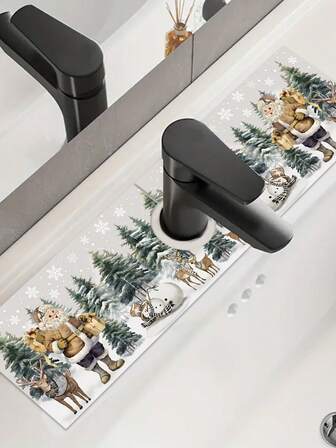 1 st 10x38 cm vintage skog snölandskap jultomten, snögubbemönster kranmatta, slitstarkt polyestermaterial, lämplig för kök, absorberande kranstänkskydd, köks- och matbordsdekor, högtidsdekoration