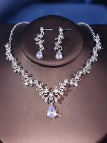 奢华新娘珠宝套装，高端水晶皇冠，优雅项链和耳环 4 件套婚礼配饰套装，适合婚纱、新娘派对和庆典 - A - 查看 9