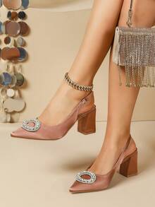 Women's High Heel Rhinestone Buckle Fashionable Versatile Commuter Shoes, Toe-Covering Design - Dusty Pink - View 1