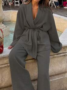 Women's Fashion Drawstring Waist Long Sleeve Cardigan Shirt & Wide Leg Pants Set, Solid Color Casual Summer Outfit - Grey - View 5