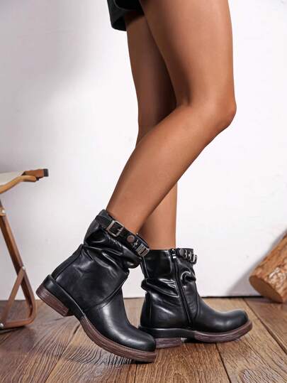 Wear With Tops, Unisex Boots Women's Black Combat Low Heel Boots Match Any Jeans