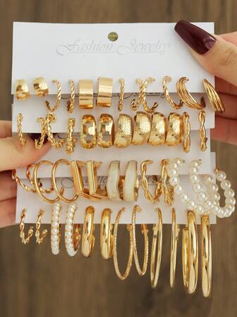 Conjunto de 48 brincos vintage em metal, geométricos, retorcidos, com pérola falsa, às riscas e lisos, design em C, para uso diário