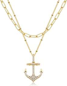 MEVECCO Layered Heart Necklace Pendant Handmade 18k Gold Plated Dainty Gold Choker Arrow Bar Layering Long Necklace For Women - 層錨點 - 查看 1