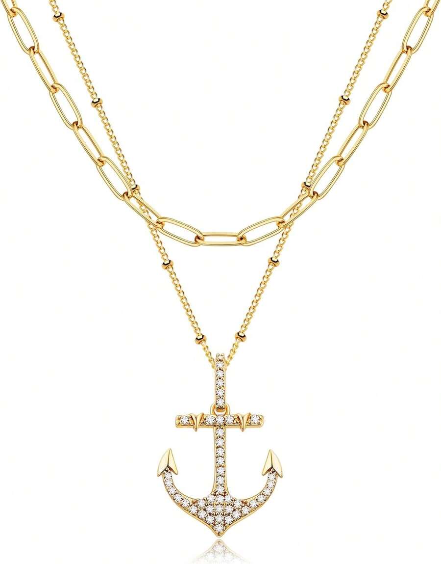 MEVECCO Layered Heart Necklace Pendant Handmade 18k Gold Plated Dainty Gold Choker Arrow Bar Layering Long Necklace For Women - 層錨點 - 查看 1