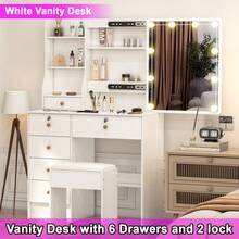80cm White LED Vanity Set, Color Dimmable Mirror & Cushioned Stool, Multi-Drawer Makeup Table, White Dressing Table With Sliding Mirror & Shelves For Bedroom, Girls Cosmetic Organizer - trắng - Xem 3