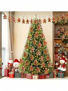 12pcs Christmas Gingerbread Man Ornaments, Wooden Christmas Tree Hanging Decorations, Cute Bow Gingerbread Man & Snowflake Gingerbread Ornaments, Christmas Party Fireplace Window Decor, Classic Belief Decorations Suitable For Christmas And Winter