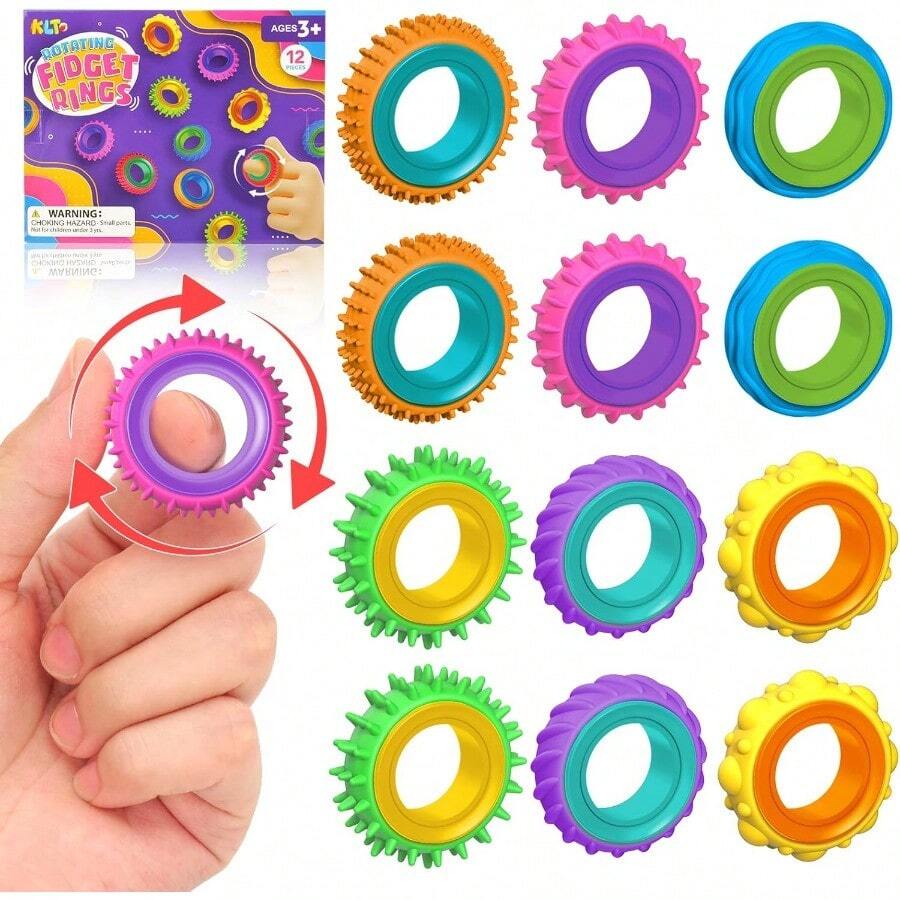 Fidget Toys Sensory Rings For : 12 Pack Finger Spinner Rings Texture Stress Toys For Autism Calming Fun Fidgets For Student Classroom Prize Stocking Stuffers - 12Pcs - 查看 1