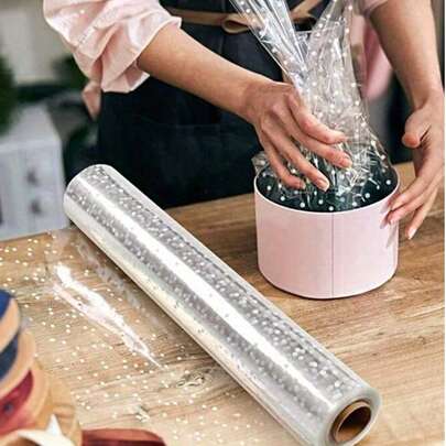 1 Roll 3 Mil Thick Clear Cellophane Wrap, 34 Inch X 148 Feet - Waterproof & Durable, With White Polka Dot Pattern | Ideal For Gift Baskets, Bouquets, Etc. | Includes Gift Wrapping Ribbon Bows, Christmas Cellophane Wrap