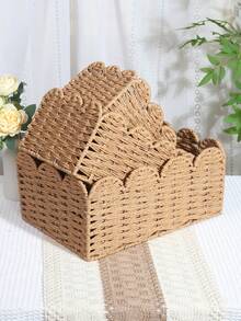 3 件 (S+M+L)/1 套卡其色编织波西米亚风格桌面收纳篮套装，适用于零食、化妆品、玩具和其他家居用品，适用于咖啡桌或钥匙篮、桌面装饰收纳篮、入口客厅收纳盒 - 卡其色 - 查看 4