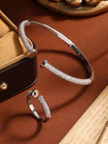 rakol 2pcs Cubic Zirconia Decor Minimalist Fashion Nail-Shaped Open Bangle Bracelet & Adjustable Ring Set - Jewelry Set - View 4