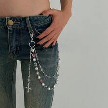 1 Pieceins Hip Hop Jeans Decorative Pants Chain Beaded Cross Imitation Pearl Punk Waist Chain For Women, Suitable For Various Festivals, Parties, And Casual Occasions In Summer, School - MY02 Vàng 1742 - Xem 8
