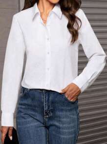 大码纯色前扣休闲长袖衬衫 - 白色 - 查看 2