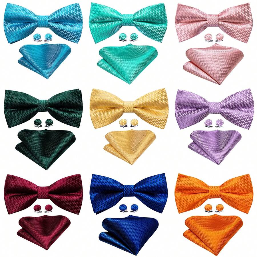 3 件男士领结黄粉紫金色预扎手帕袖扣套装婚礼领带礼物 - 彩色 - 查看 1