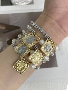 1件创意时尚个性化设计优雅轻盈奢华铜镶嵌锆石不对称水滴心形串珠养殖珍珠手链，适合女性、姐妹、情侣、毕业礼物，也是情人节、日常聚会、节日、圣诞节的理想之选。