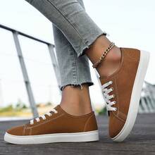 Elegant And Aesthetic New Summer Women's Shoes, Low-Top Lace-Up Sports White Shoes, Women's Fashionable Casual Sports Shoes, Women's Flat Shoes, Student Shoes, Light And Comfortable - Rỉ Nâu - Xem 2