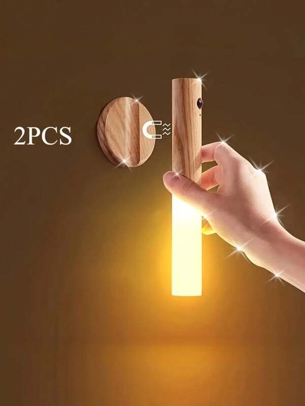 1/2pcs Motion Sensor Night Light, Magnetic Wall Lamp, USB Rechargeable LED Stick-On Light, Wireless Stairway, Indoor Wooden Wall Light, Wardrobe, Hallway Stairs