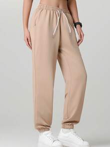 Women's Jogger Pants With Pockets And Drawstring, Suitable For Running, Casual, Fitness, Jogging And Other Sports - Khaki - View 6