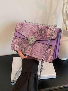 Bolso cuadrado pequeño con cadena, estilo vintage con estampado de cocodrilo, bolso de hombro y bandolera versátil y de moda (23*15*9) cm - Morado - Ver 4