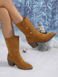 Women's High Heel Fashion Shoes, Solid Color Western Style Side Zipper Ankle Boots And Short Boots, Suitable For Holidays, Autumn/Winter