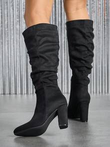 Women's Black Pointed Toe Chunky Heel Mid-Calf Boots, Suede Slip-On Sexy Knee-High Boots For Autumn/Winter - Black - View 3