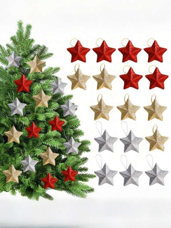 6个闪亮圣诞树星形吊坠，圣诞星形装饰品，适用于圣诞树装饰、圣诞装饰、花环装饰、家居装饰、圣诞装饰、房间装饰、冬季圣诞装饰、家居圣诞礼物、圣诞装饰品