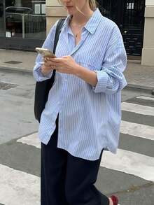 Elegant Women's Striped Long Sleeve Button Shirt With Regular Fit And Shirt Collar Durable Polyester Blouse - Baby Blue - View 1