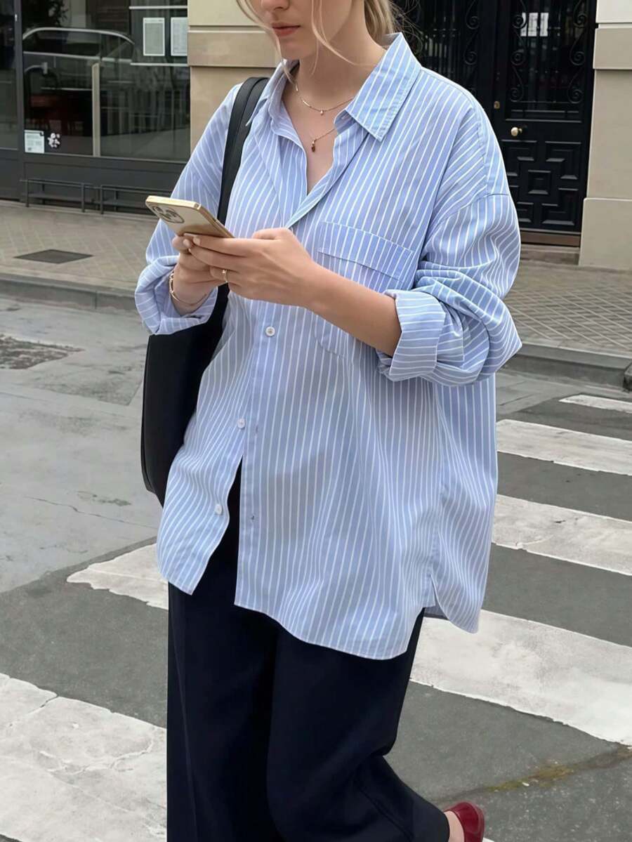 Elegant Women's Striped Long Sleeve Button Shirt With Regular Fit And Shirt Collar Durable Polyester Blouse - Baby Blue - View 1