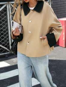 Women's Solid Color Contrast Pocket & Trim Button Casual Jacket