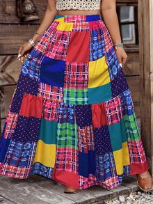 Plus-Size-Holiday Chic Bohemian Plaid Print Patchwork Elastic Waist Waist Side Pocket Half Skirt. - Pink - View 3