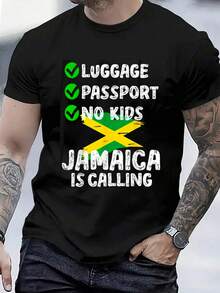 100% Cotton Luggage Passport No Kids Jamaica Is Calling Jamaica Lover T-Shirt Women's Men's Black Vacation Crew Neck Short Sleeve Classic Fit Unisex Holiday T-Shirt - 黑色 - 查看 1